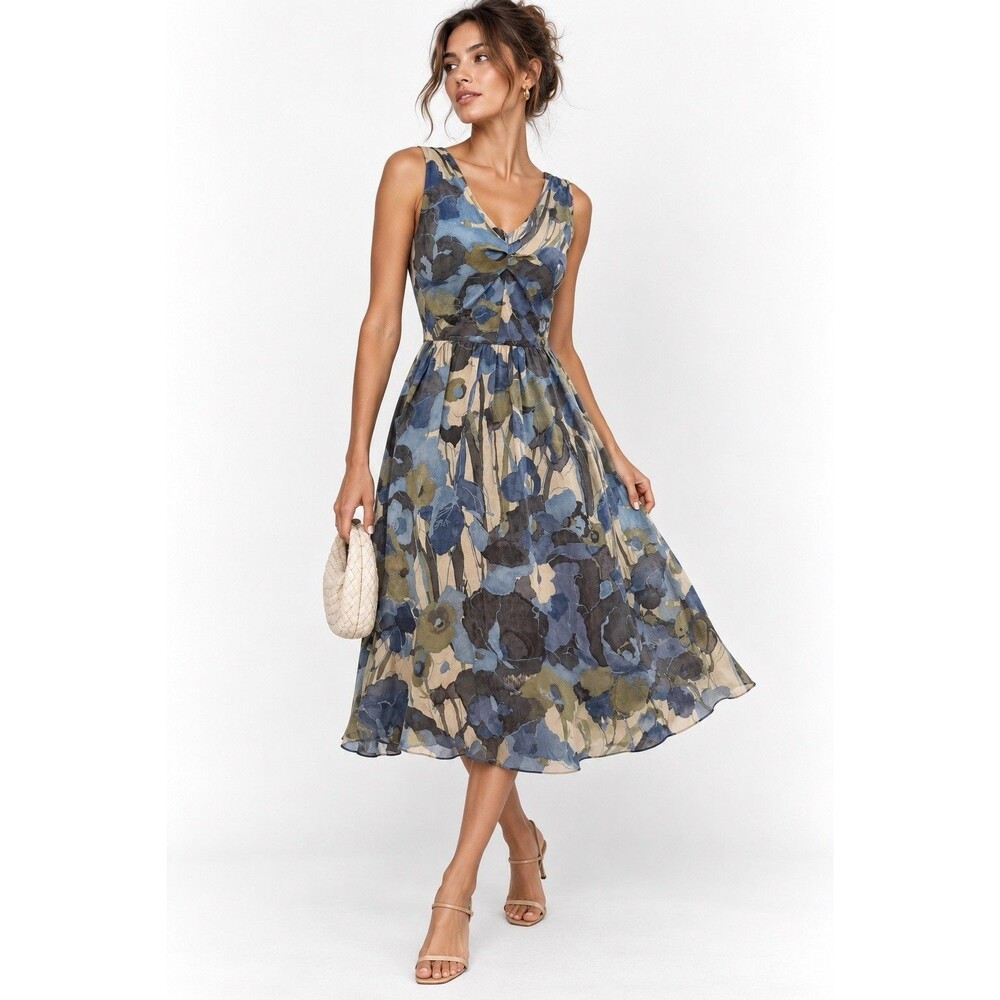 Banana Republic 100% Silk Watercolor Floral Midi Dress Size 0 Blue Olive Green